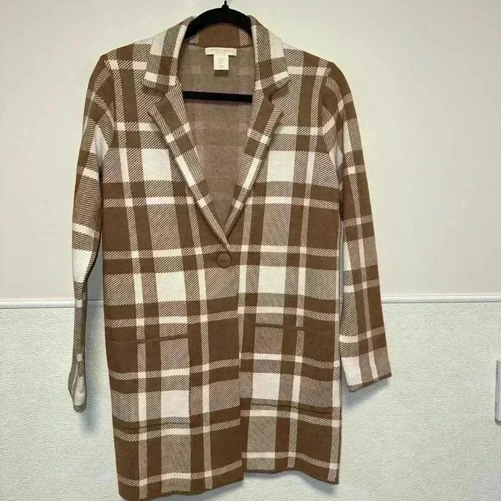Christian Siriano Plaid Cardigan Small Brown & White